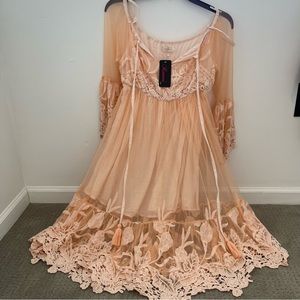 Ranees Miami Peach lace dress with sheer lace sleeves, elegant dress
